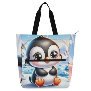 Imagem de GAIGEO Linda sacola de trabalho de pinguim de desenho animado para mulheres, bolsa escolar de lona com zíper, bolsas infantis fofas para amantes de livros