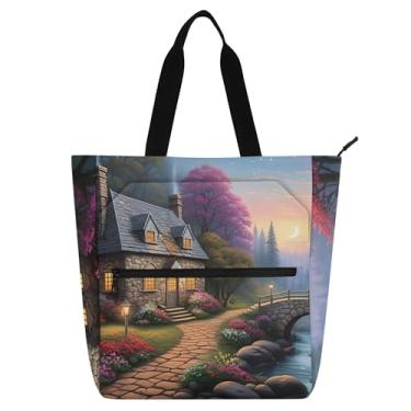 Imagem de GAIGEO Bolsa feminina Stone Cottage de lona escolar com zíper utilitária bolsa infantil com compartimentos