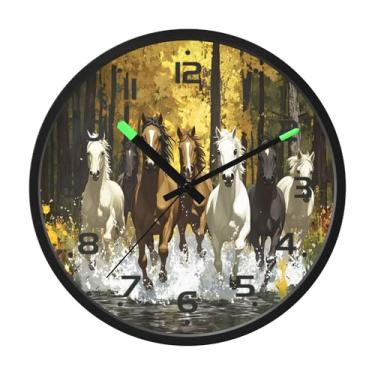 Imagem de SEHANY Relógio de parede artístico majestoso cavalos silencioso, sem tique-taque, relógio redondo operado por bateria, controle de som, luz noturna, relógios de parede para sala de estar, cozinha