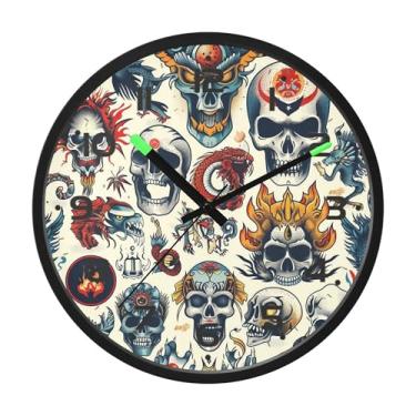 Imagem de SEHANY Relógio artístico de parede de caveira silencioso, sem tique-taque, relógio redondo operado por bateria, controle de som, luz noturna, relógios de parede para sala de estar, cozinha, quarto