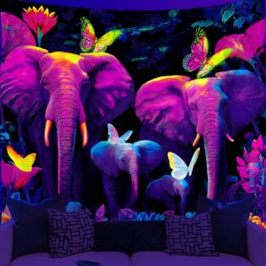 Imagem de WEBEEDY Tapeçaria de Elefante Reativo Luz Negra/UV Psicodélico Legal Elefante Família Selva Tapeçaria Pendurada na Parede Pôster Luz Preta Arte de Parede para Sala de Jogadores, Quarto, Sala de Estar
