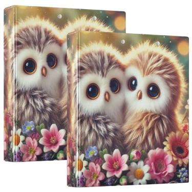 Imagem de Fichários florais de corujas fofas de 3 cm com 3 anéis para guardar 200 folhas, pastas fofas de fichário com estampa de anel redondo para escritório, pacote com 2
