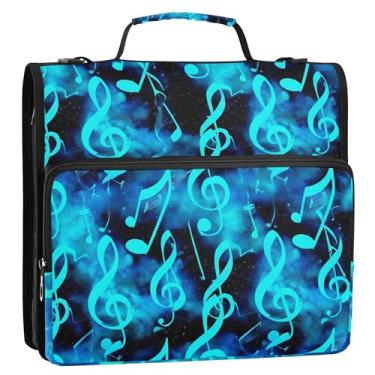 Imagem de Notas musicais azul cósmico 3 fichários anel D 1,5 polegada D fichário organizador com zíper bolsa de fichário com alça para carteira de desenho escolar e suporte de pasta de anel