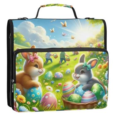 Imagem de Pasta organizadora com zíper floral de coelho da Páscoa de 3,8 cm para documentos, 3 anéis, suporte para 500 folhas, bolsa escolar com alça de ombro