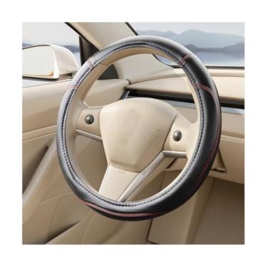 Imagem de FALVFUN Capa de volante de carro, couro antiderrapante de 38 cm, protetor de volante com anel interno, acessórios de proteção interna automotiva, compatível com a maioria dos veículos (preto/vermelho)