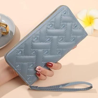 Imagem de Carteira feminina de couro genuíno com dobra dupla/tripla - Suporte minimalista para cartão de crédito com bloqueio de RFID e bolso para moedas, Azul, Casual