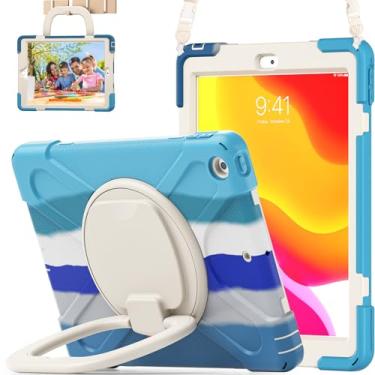 Imagem de Capa para iPad 10.2 2020 iPad 8ª geração/2019 iPad 7ª geração, capa infantil resistente à prova de choque com protetor de tela, suporte giratório/suporte para lápis/alça de transporte para iPad 10,2 polegadas - azul colorido