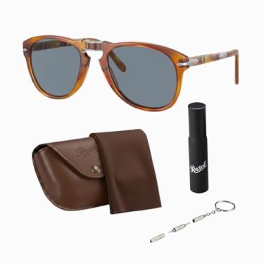Imagem de Persol STEVE MCQUEEN PO0714SM Óculos de sol dobráveis em forma de aviador com kit oficial de óculos, Armação Havana clara | Lente azul cristal