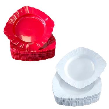 Imagem de Pratos Plástico Quadrado Resistente, Leve, Reutilizável, 23 cm x3 cm para Festas, Churrasco e Refeições Familiares, Leve para Transporte(Misto 25 Branco 25 Vermelho)