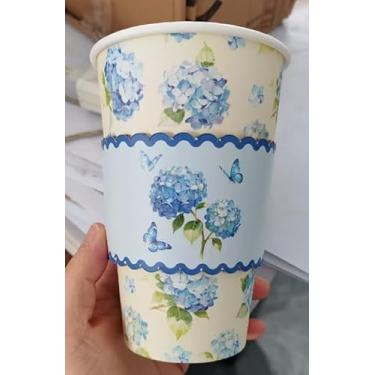 Imagem de Whaline 50 peças de copos de café de papel flor de hortênsia de 473 ml com tampas e mangas copo descartável floral azul para primavera, casamento, aniversário, chá de bebê, chá de chá, suprimentos