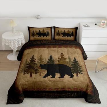 Imagem de Feelyou Conjunto de cama com urso, para meninos e meninas, chalé rústico, tamanho queen, bosque, animal, edredom de microfibra, madeira rústica, decoração de quarto, 3 peças com 2 fronhas