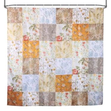 Imagem de DJAPWPX Cortina de chuveiro Boho com 12 ganchos de plástico, patchwork com tema floral, estilo floral de meados do século, cortina de banho retrô vintage para decoração de banho boho, tecido