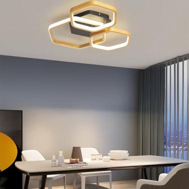 Imagem de Luminária de teto LED moderna, dimerizável, com controle remoto, 52W/80W, dourada e preta, formato hexagonal, para quarto, sala de jantar e escritório (dourada, 3 lâmpadas).