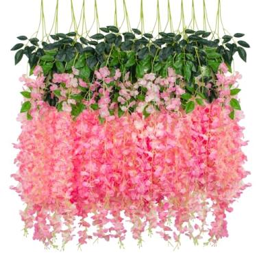 Imagem de LUZOGA Pacote com 12 flores artificiais para pendurar glicínias, flores falsas, videiras de seda, decoração de ratã para casa, casamento, arco, parede, jardim, vegetação, quarto, decoração de festa ao