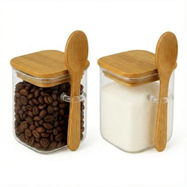 Imagem de Kit 2 Potes de Vidro 200ml com Tampa e Colher de Bambu Hermético Ideal para Café, Açúcar, Temperos, Alimentos e Doces, Organizador de Cozinha