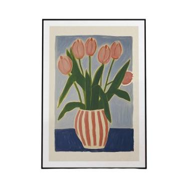 Imagem de Quadro Decorativo Em Canvas Com Vaso De Tulipa Rosa Para Sala De Estar