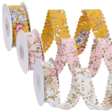 Imagem de WEBEEDY 30 jardas, 3 estilos, rolos de fita de flores vintage, fita floral de 2,5 cm de largura, acabamento de borda ondulada, fitas artesanais para buquês, casamento, faça você mesmo, costura