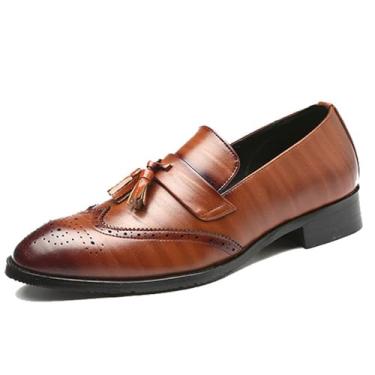 Imagem de Sapato social masculino com borla, sapatos de smoking para homens Brogue couro PU mocassim para homens, Marrom, 41