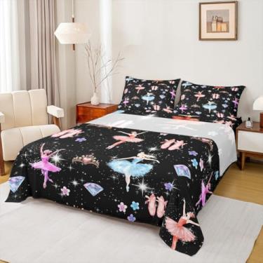 Imagem de Jogo de cama com estampa de coroa de diamante de estrelas brilhantes para crianças, meninas e adolescentes, lindas dançarinas de balé, conjunto de lençol com elástico, 2 fronhas, tamanho Queen, 4