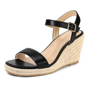 Imagem de mysoft Sandálias femininas plataforma quadrada bico aberto tira no tornozelo fivela casual verão elegante sandálias, Poliuretano preto, 41