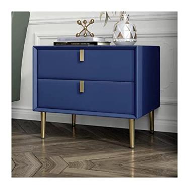 Imagem de Mesa de cabeceira moderna de couro sintético azul escuro, mesa de cabeceira com 2 gavetas de armazenamento, lado final com moldura de madeira, pernas de mesa de metal, suportes de noite para quarto