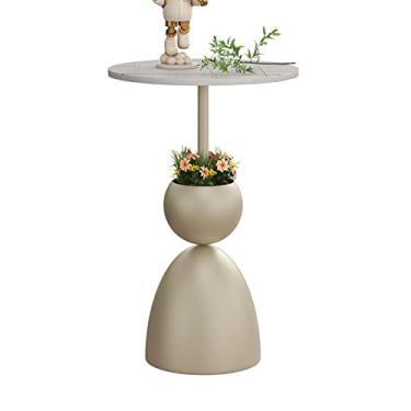 Imagem de Mesa de canto simples e moderna, redonda, pequena mesa lateral com detalhes para decoração de sala de estar, quarto, mesa de pedra com base de metal, mesa lateral de 35 x 55 cm, móveis domésticos