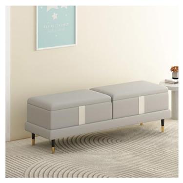 Imagem de Banco de armazenamento moderno - Otomano para quarto, extremidade da cama, banco moderno de couro sintético bancos de quarto para o pé da cama, banco estofado com pernas douradas decorativo (cinza