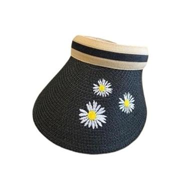 Imagem de Chapéu feminino verão vazio viseira de sol chapéu de palha de verão chapéu de proteção de aba larga (preto)