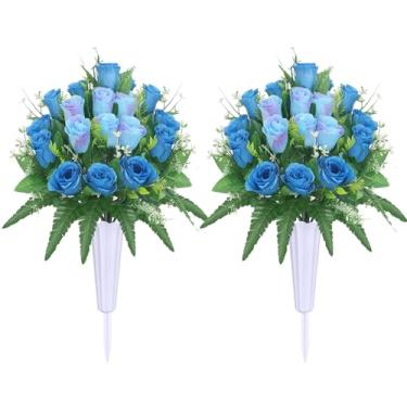 Imagem de Lodou Conjunto de 2 flores artificiais de cemitério, rosas para decoração de túmulos ao ar livre, flores de memorial de cemitério com vaso para decoração de lápide ao ar livre (azul)
