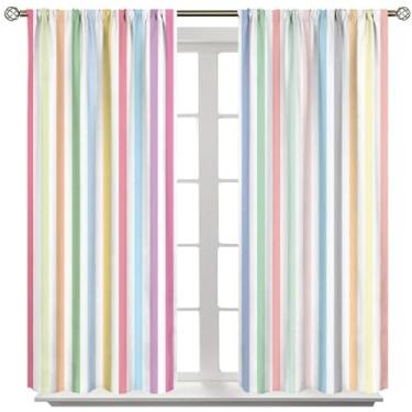 Imagem de Cortinas listradas para decoração de quarto infantil, tratamentos de janela com estampa de arco-íris colorido pastel vertical, varão, isolamento térmico, para quarto, sala de estar, 106 cm L x 160 cm
