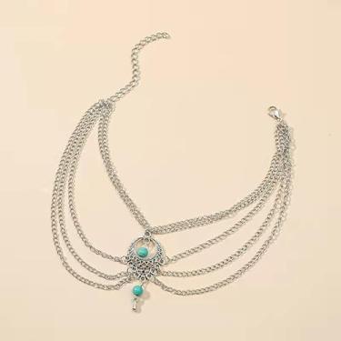 Imagem de Tornozeleira feminina de prata, multicamadas, vintage, vazada, com pingente de contas azuis, tornozeleira de praia