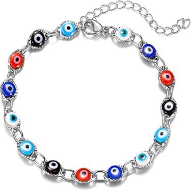 Imagem de COLORFUL BLING Lucky Turkish Blue Evil Eye Bead Bracelet Pulseira de corrente ajustável para mulheres homens Melhor Amigo Proteção Oração Boa Sorte Joia Natal Ano Novo Presente, regular, Metal, Sem