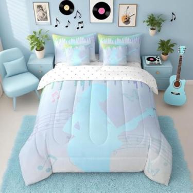 Imagem de Conjunto de edredom para meninas, 7 peças, azul, música, guitarra, tamanho Queen, com glitter, moderno, para decoração de quarto, leve, com edredom, lençóis, fronhas e capa de almofada