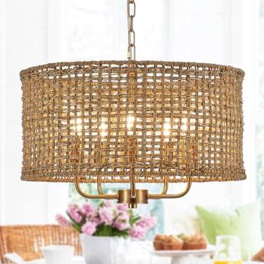 Imagem de YOMECOO Lustre de vime feito à mão vintage fazenda boho bambu dourado luminária retrô 5 luzes tambor vime lustres dourados para sala de jantar, ilha de cozinha, sala de estar