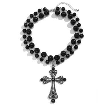 Imagem de Colar de cruz de pérola em camadas para mulheres, colar gargantilha de cruz grossa com contas pretas e pérolas e pingente de cruz gótica em camadas, joia gótica, presente para mulheres, adjustable
