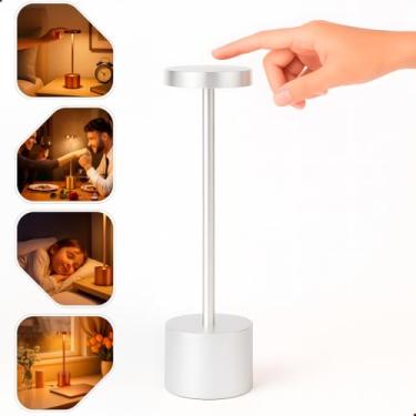 Imagem de Luminária Dimerizável Touch 3 Cores de Luz E Modo Intensidade, Abajur LED de Mesa Moderno Recarregável Sem Fio para Quarto, Escritório, Leitura, Jantar, Cabeceira de Cama, Decoração (PRATA)