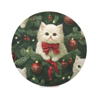 Imagem de STAYTOP Jogo americano de Natal adorável gato redondo 6 peças, tapetes de mesa antiderrapantes fáceis de limpar para casa, cozinha, churrasco, festa, decoração de mesa