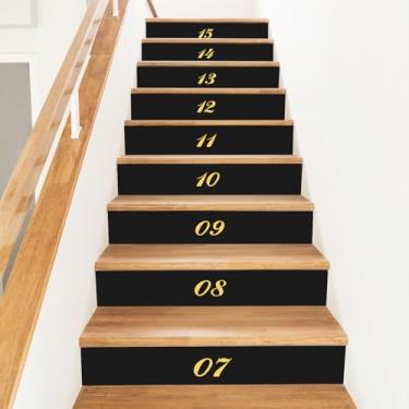 Imagem de PLIGREAT 15 tiras de adesivos pretos simples para escadas, adesivos de escada para degraus de 18 x 99 cm com padrão de números de vinil autoadesivos, decoração de murais de escadas para casa, hotel
