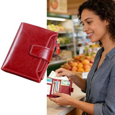 Imagem de Carteira feminina pequena, porta-cartões com zíper, mini bolsa dobrável compacta e bolso para moedas e 10 janelas para identidade, organizador de couro para cartões, dinheiro e itens essenciais