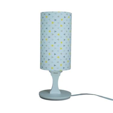 Imagem de Abajur De Mesa Base Branca e Cúpula Tecido Triângulos Cinza E Amarelo 30Cm Bivolt