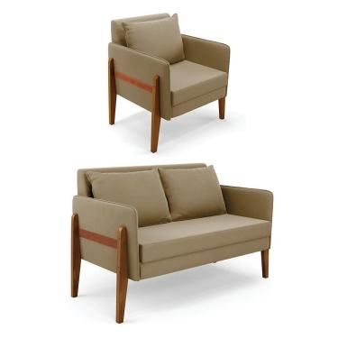 Imagem de Kit 1 Sofá Namoradeira E 1 Poltrona Lana Suede Base De Madeira - D'rossi Cor Marrom Rato