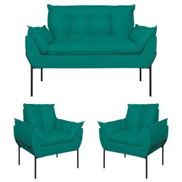 Imagem de Kit 02 Poltronas Opala + Namoradeira Base Metal Preta Azul Turquesa