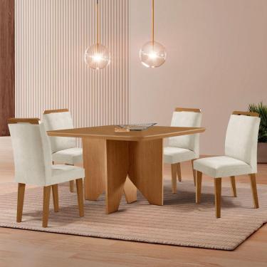 Imagem de Mesa Evora 90 Mdf Com 4 Cadeiras Athenas Veludo Creme Naturalle