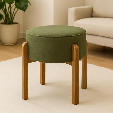 Imagem de Puff Banqueta Redondo Pés De Madeira Luxo Lar & Estilo Verde