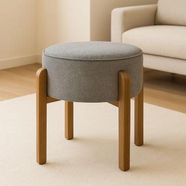 Imagem de Puff Banqueta Redondo Pés De Madeira Luxo Lar & Estilo Cinza