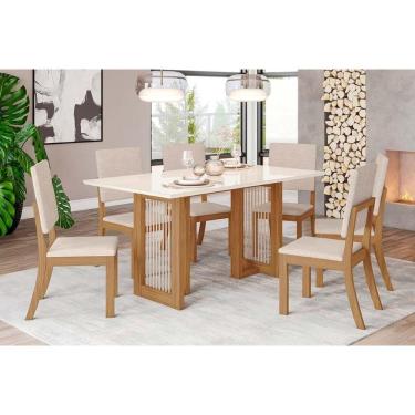 Imagem de Conjunto Mesa De Cozinha Yara Com Tampo Madeirado Com Vidro Reto 160x90cm E 6 Cadeiras Milla Nature Linho Henn