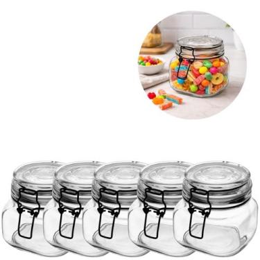 Imagem de 5 Potes Vidro 550ml Hermético Vintage Preto Organização - Lyor
