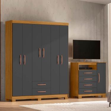 Imagem de Guarda-Roupa 6 Portas 2 Gavetas e Cômoda Sapateira Itapema Carvalho Americano/Grafite