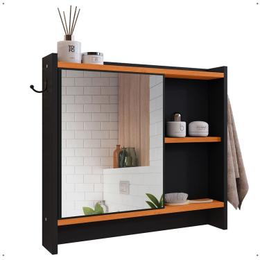 Imagem de Espelheira Genova Armário Suspenso Gancho Prateleira Organizadora Armarinho Banheiro Preto/Cinamomo