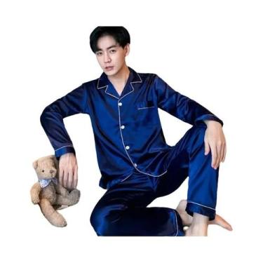 Imagem de Pijama Masculino De Manga Longa Em Cor Sólida Com Lapela Estilo Corean